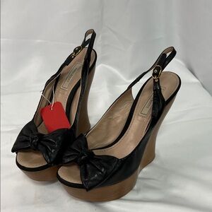 Nina Ricci Black Wedge Sandals with Bow
